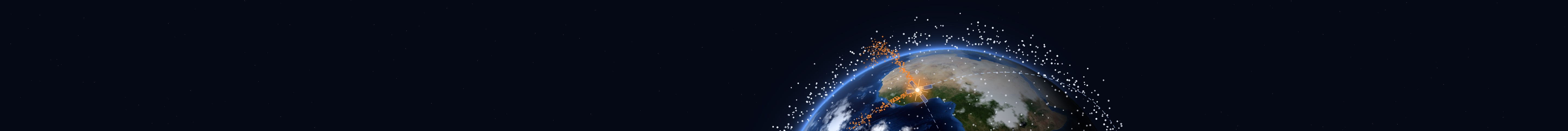 Earth seen from orbit over West Africa, ringed by a dense shell of satellites. Two satellites on crossing orbits collide, and trails of orange debris stream ahead along both orbits.